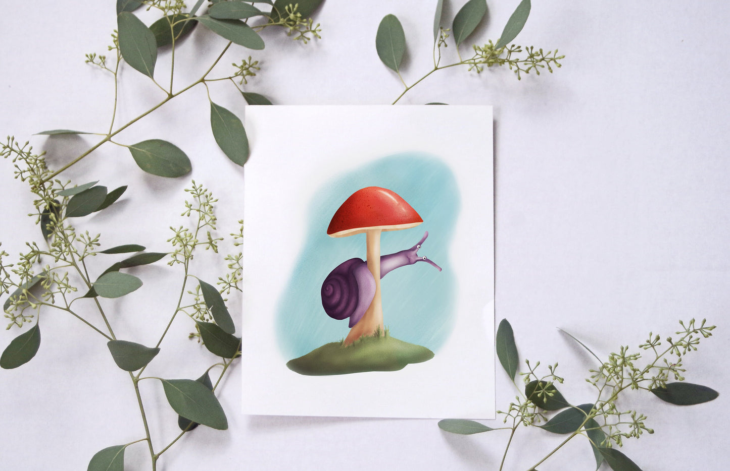 Whimsical Snail and Mushroom Art Print - Digital Download