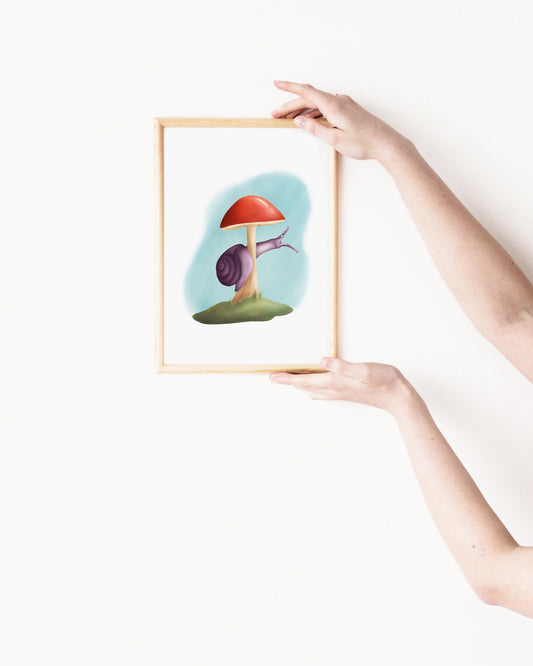 Whimsical Snail and Mushroom Art Print - Digital Download